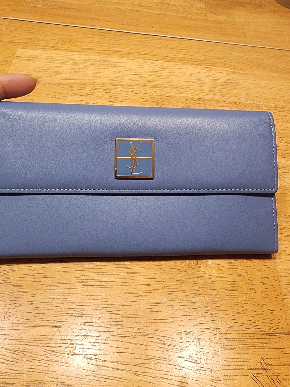 vintage blue Yves Saint Laurent wallet prominent gold-tone YSL logo COA INCLUDED